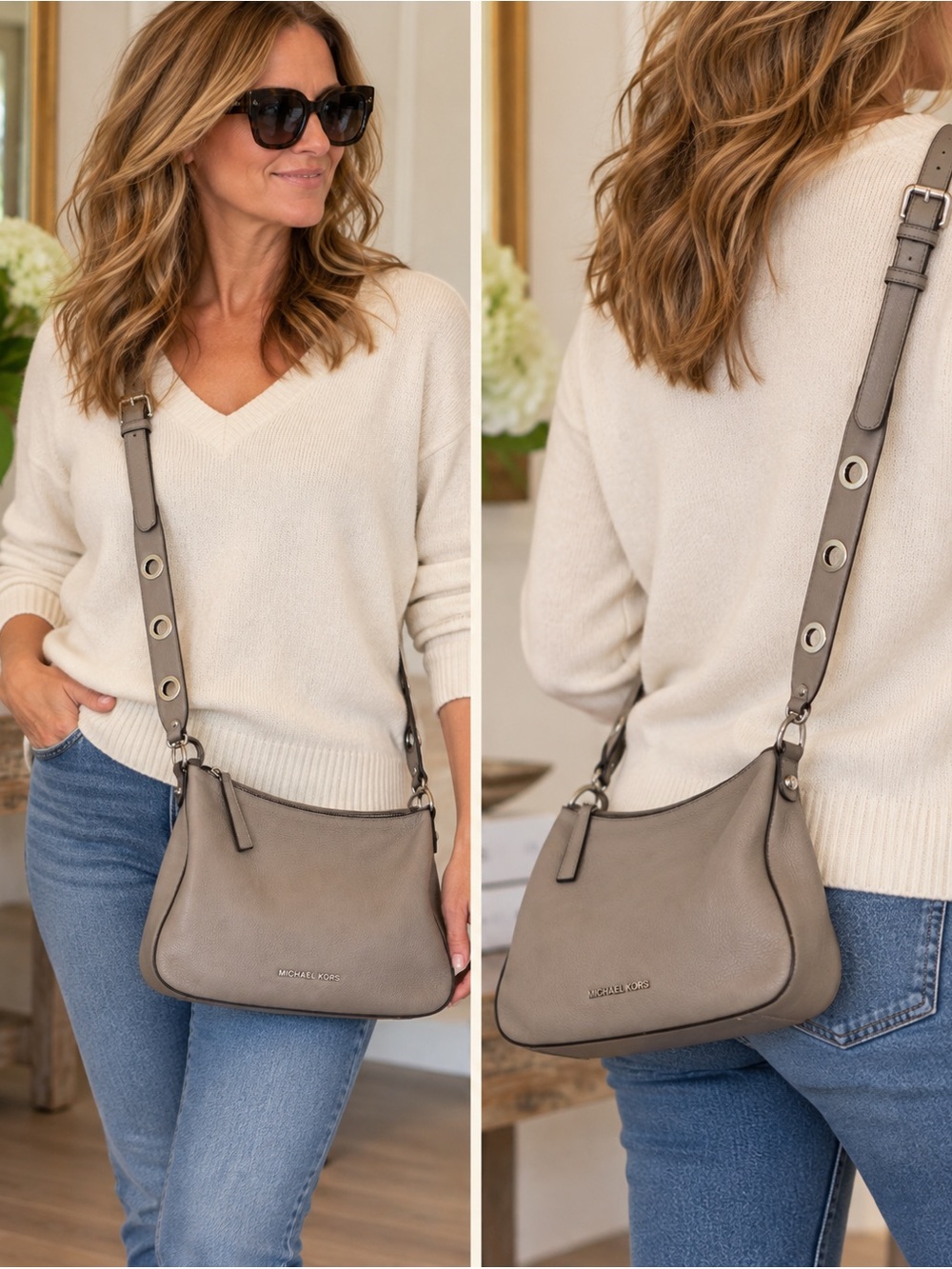 Michael Kors Pebbled Leather Grommet Crossbody Bag Taupe Gray